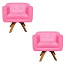 Ver imagem 1 de Kit 2 Poltronas Giratória Julia Suede Base Madeira - D'Rossi - Rosa Barbie