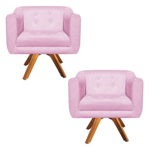 Kit 2 Poltronas Giratória Julia Suede Base Madeira - D'Rossi - Rosa Bebê