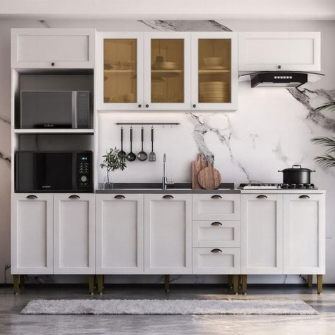 Cozinha Modulada Aurora 260cm Aéreo Portas Vidro Provençal Cor:branco