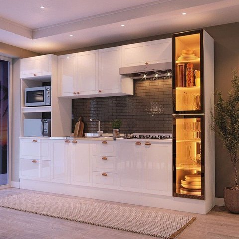 Cozinha Pérola 6 Peças Cristaleira com LED, Torre Quente, Aéreo e Balcões Yescasa