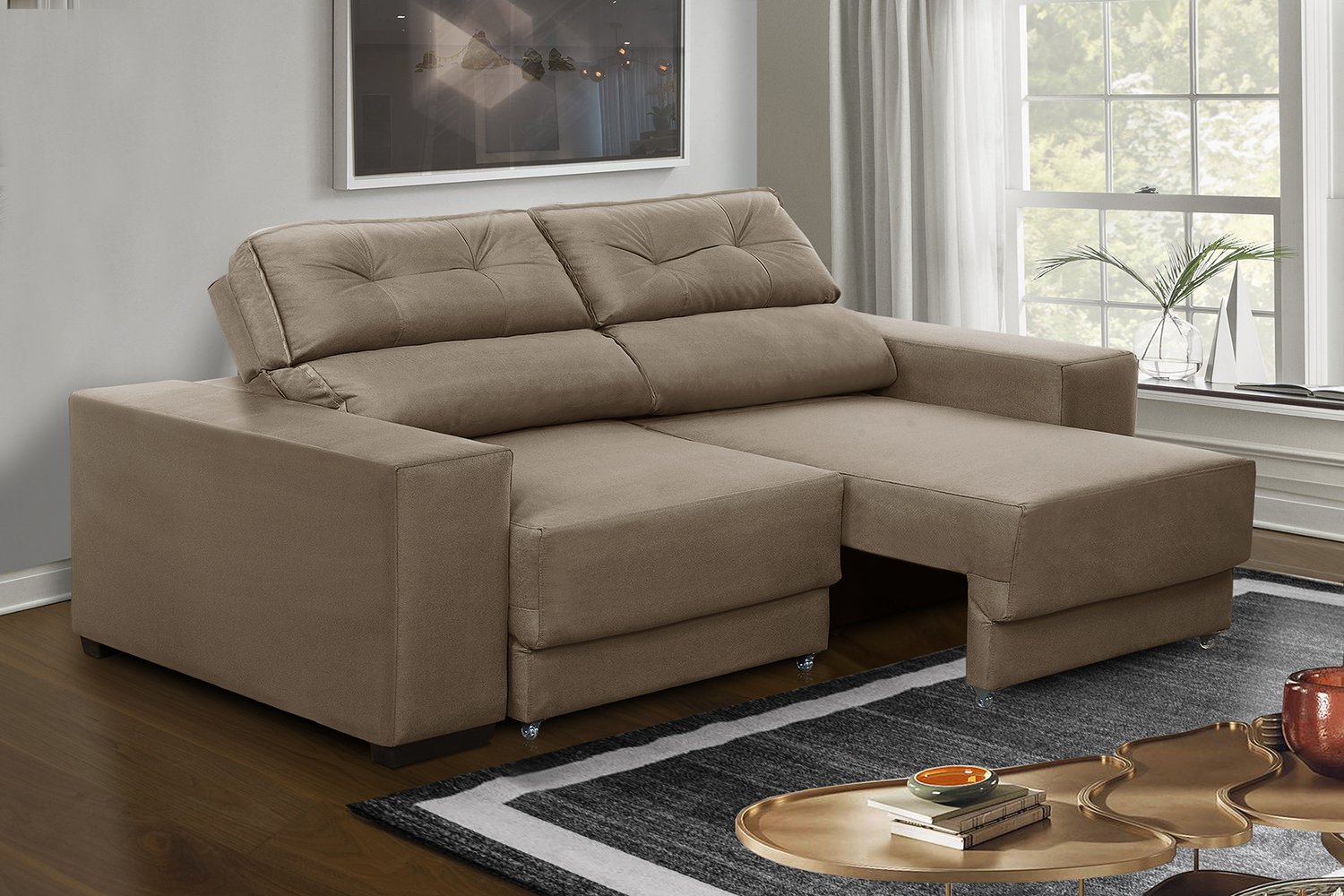 Sofá Retrátil e Reclinável 1,80m 3 Lugares Nubia Suede Capuccino Madelina Decor