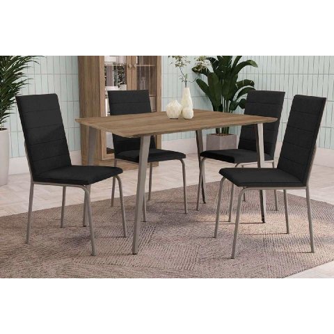 Conjunto: Mesa Sala Jantar Iguaçu C/ Tampo de Madeira 90cm e 4 Cadeiras Amsterdã Niquel/preto 110