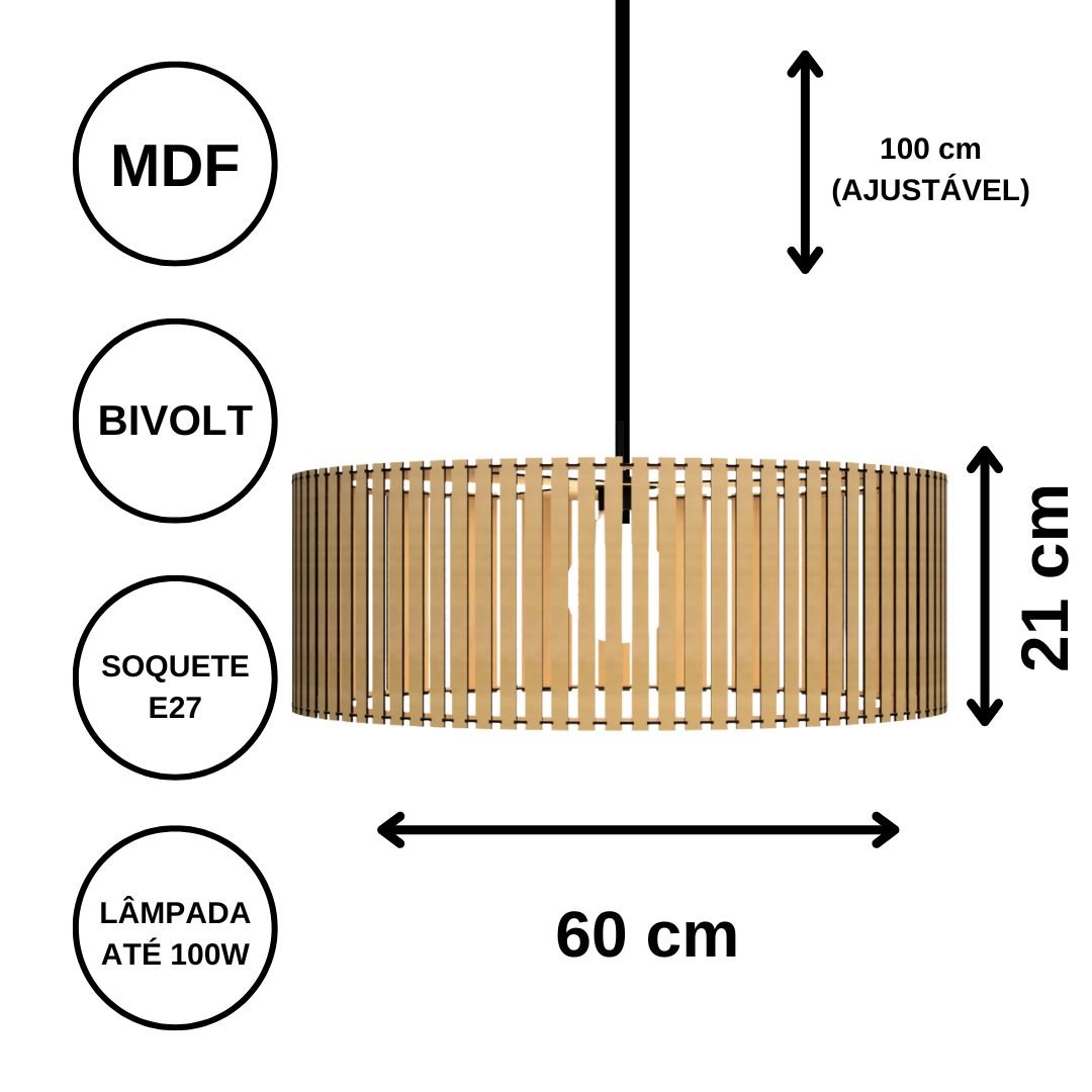 Luminária Pendente Vênus Modelo Ripado -:MDF CRU - 5