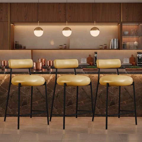 Banqueta Cozinha Média com Encosto Kit 3 Industrial Preto Londres PU Facto D03 - D'Rossi