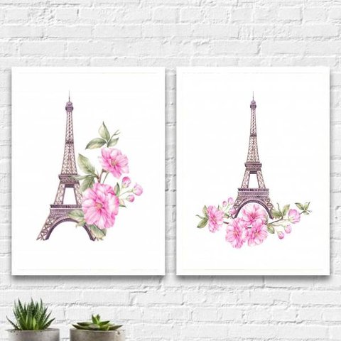 Kit 2 Quadros Torre Eiffel Floral 33x24cm - com vidro:Madeira preta