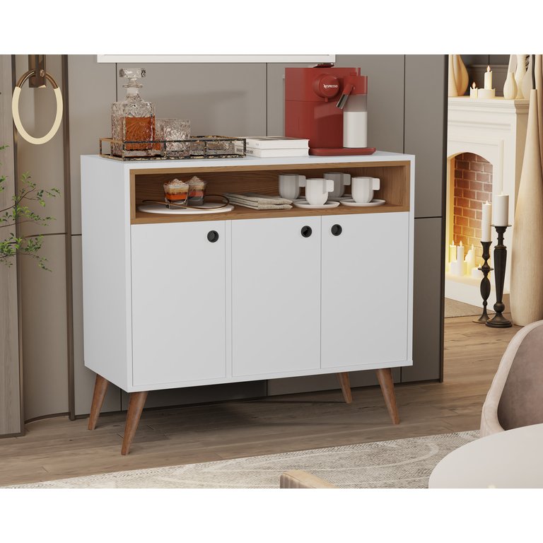 Buffet Paris 3 Portas Pés Palito Branco / Freijó - JM Casa dos Moveis