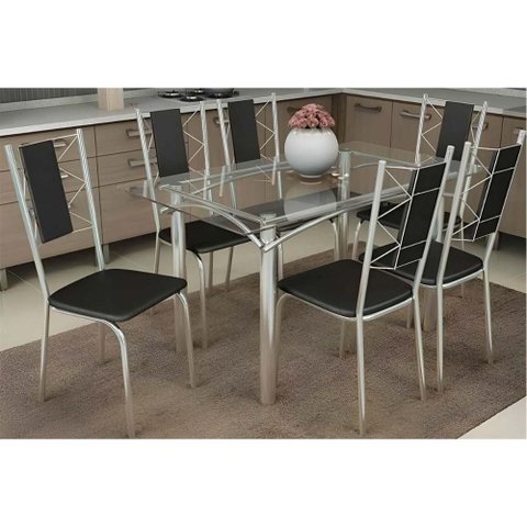 Sala de Jantar Completa Elba C/ Tampo de Vidro 120cm e 6 Cadeiras Lisboa Cromada - Courano Preto -