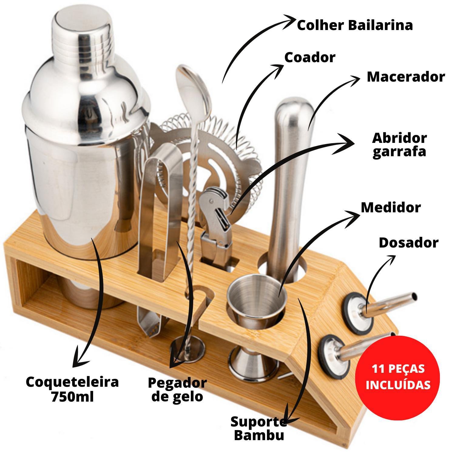 Kit Coqueteleira em Aço Inox e Suporte de Bambu com 10 Peças - 2