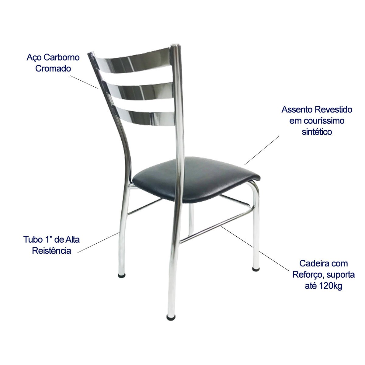 Cadeira de Cozinha com Reforço Cromada Assento Preto - 3
