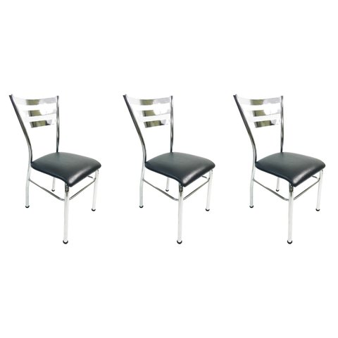 Kit 3 Cadeiras de Cozinha com Reforço Cromada Assento Preto
