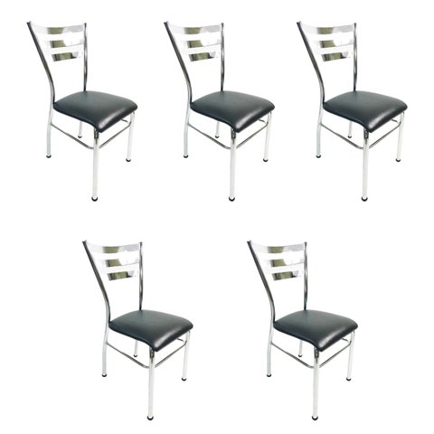 Kit 5 Cadeiras de Cozinha com Reforço Cromada Assento Preto