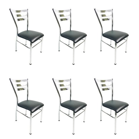 Kit 6 Cadeiras de Cozinha com Reforço Cromada Assento Preto