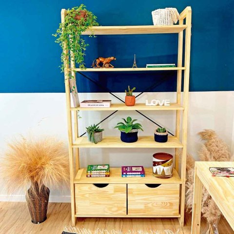 Estante 6 Prateleiras de Madeira Pinus Linea Ample com 2 Gavetas Natural