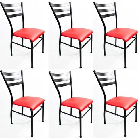 Kit 6 Cadeiras de Cozinha com Reforço Preta Assento Vermelho