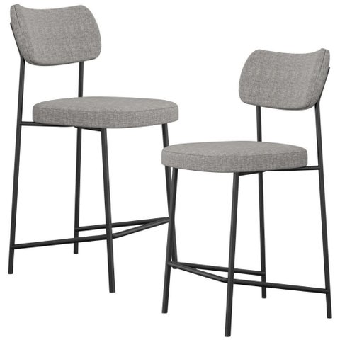 Kit 02 Banquetas Baixa Bar Cozinha Sala de Jantar Preto Melina L02 Linho Cinza Escuro - Lyam Decor