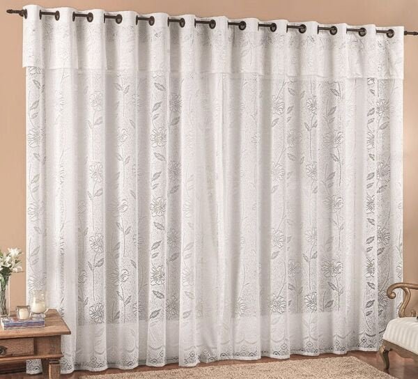 Cortina Artesanal de Renda Floral Para Quarto ou Sala Tamanho 3,00 X 2,50 Com Ilhos Para Varao - 2