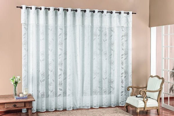 Cortina Artesanal de Renda Floral Para Quarto ou Sala Tamanho 3,00 X 2,50 Com Ilhos Para Varao - 3