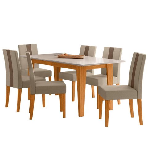 Mesa de Jantar Liz com 6 Cadeiras Estofadas Linea Suede Freijo Off White Poliman