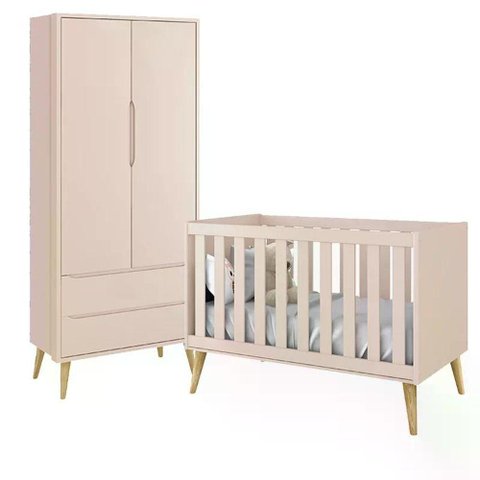 Jogo de Quarto Infantil Theo guarda Roupa 2 Portas e Berço Rosa Fosco com Pés Madeira Natural