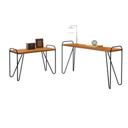 Conjunto de mesa Aparador + Mesa lateral pés em metal tubular 100% MDF Genova Carvalho - 2