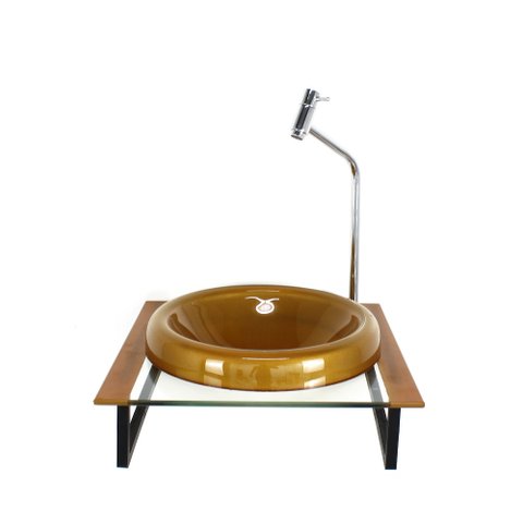 GABINETE COM CUBA DE VIDRO CHAPEU 10MM COM TAMPO 40CM DOURADO REAL MAIS TORNEIRA METAL CROMADA