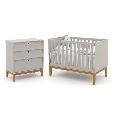 Jogo de Quarto Infantil Unique com Cômoda 3 Gavetas e Berço Cinza/eco Wood - Matic Móveis