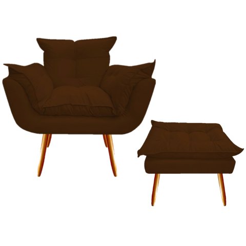 Kit Poltrona + Puff Decorativo Opala Suede Marrom Pés Madeira Ms Decor