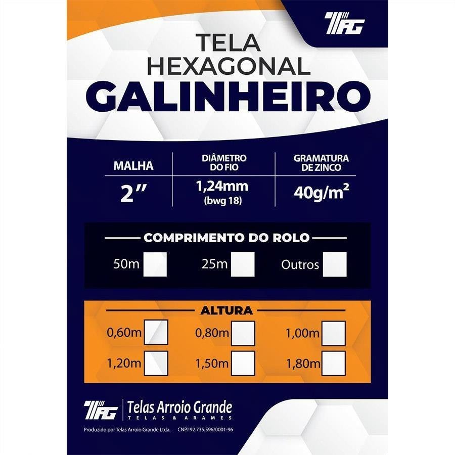 TELA HEXAGONAL GALINHEIRO TAG MALHA 2" FIO BWG 18 (1,24mm) RL 50X1,8m - 2