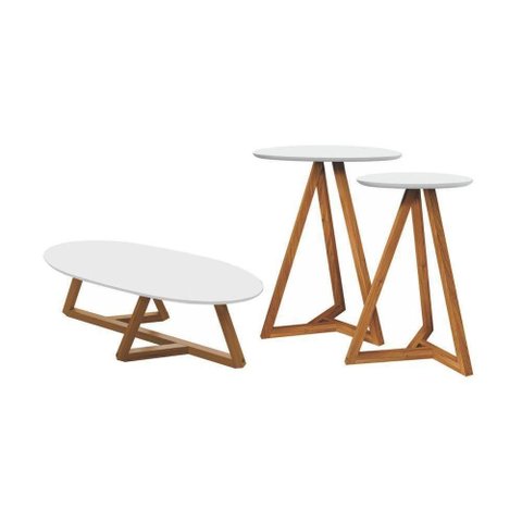 Jogo de Mesas Laterais e Mesa de Centro Luca Conjunto de Sala Tampo MDF Estrutura MDF Branco Nature
