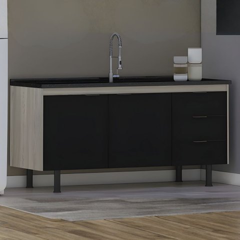 Gabinete de Cozinha 2 Portas Armário 100% MDF Multiuso 144cm: Madeirado/Preto