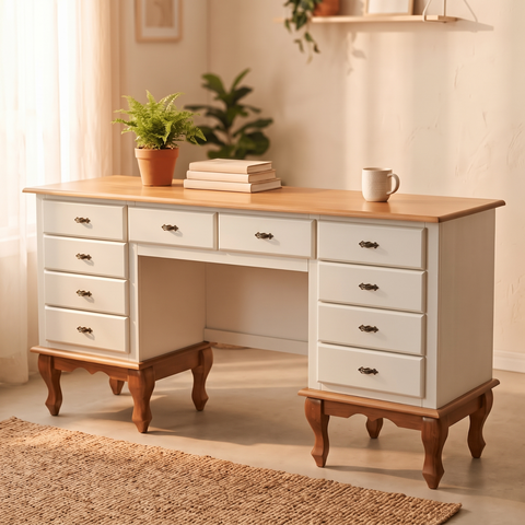 Mesa Escrivaninha 10 Gavetas Clássica Pés Luiz Xv Sala Quarto Ecomem Branco - Imbuia