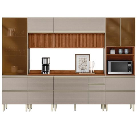 Cozinha Modulada Proença 6 Peças com Paneleiro 1 Forno e Aéreo 120cm Ripado Nogueira Touch/nude