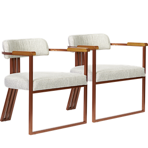 Kit 02 Poltronas Oregon Braço Madeira Linho Bege Estrutura Bronze
