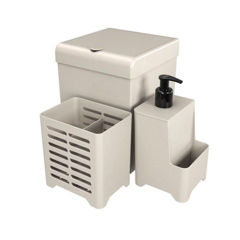 Kit Pia 3 Peças Lixeira Dispenser Porta Talher Cozinha - Stolf Areia