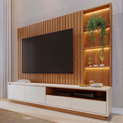 Estante Painel Tv 82 Polegadas 240cm com Led Hawai Freijó Off White C05 - Mpozenato
