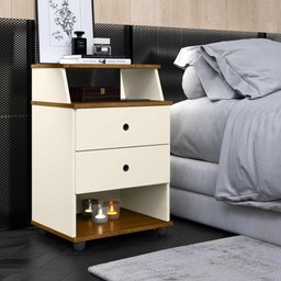 Mesa de Cabeceira Luxo 2 Gavetas - Off White/freijo - 2