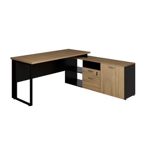 Mesa Diretor Dinamica com Armario Pedestal Pé Quadro Macadamia/preto
