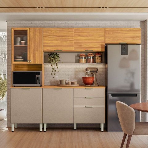 Armário Cozinha Compacta com Balcão 8 Portas 2 Gavetas Alba Cinamon Touch Nude Prime Tx Demóbile