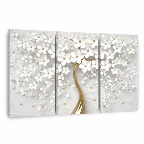 Quadro Decorativo Flores Cerejeiras Brancas e Dourado para Sala Escritórios em Tecido Canvas Framez