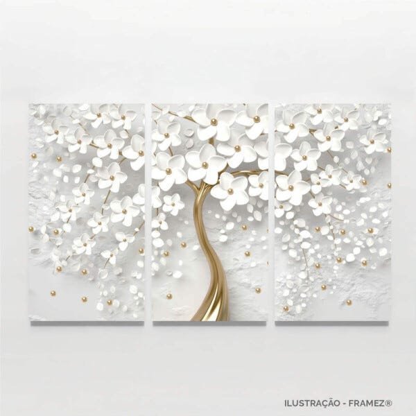Quadro Decorativo Flores Cerejeiras Brancas e Dourado para Sala Escritórios em Tecido Canvas Framez - 3