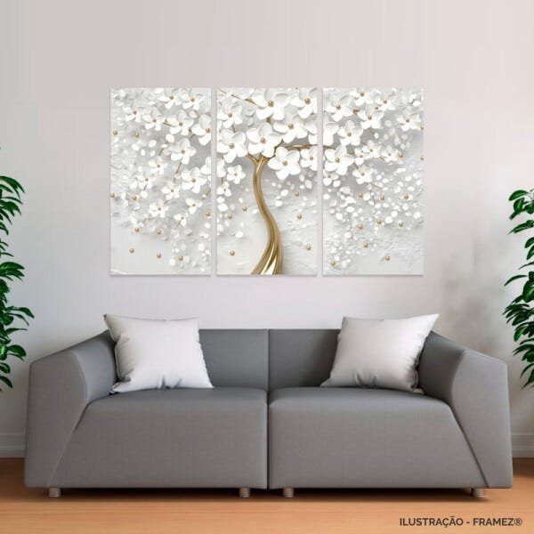 Quadro Decorativo Flores Cerejeiras Brancas e Dourado para Sala Escritórios em Tecido Canvas Framez - 4
