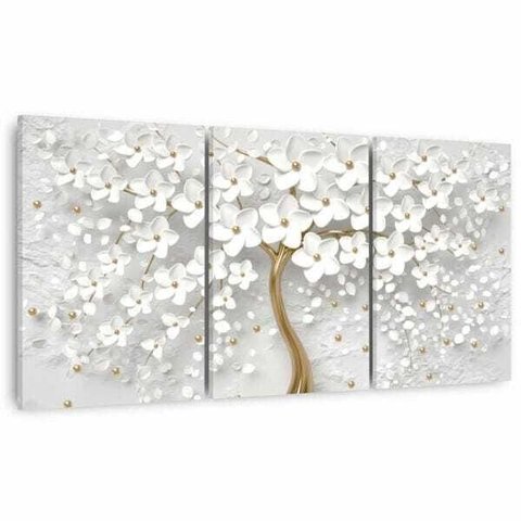 Quadro Flores Cerejeiras Brancas e Dourado Conjunto 150x75 para Sala Escritórios em Tecido Canvas Fr
