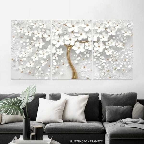 Quadro Flores Cerejeiras Brancas e Dourado Conjunto 150x75 para Sala Escritórios em Tecido Canvas Fr - 3