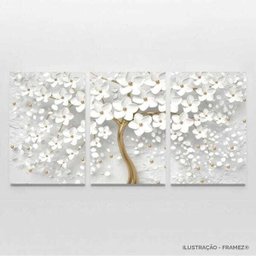 Quadro Flores Cerejeiras Brancas e Dourado Conjunto 150x75 para Sala Escritórios em Tecido Canvas Fr - 2