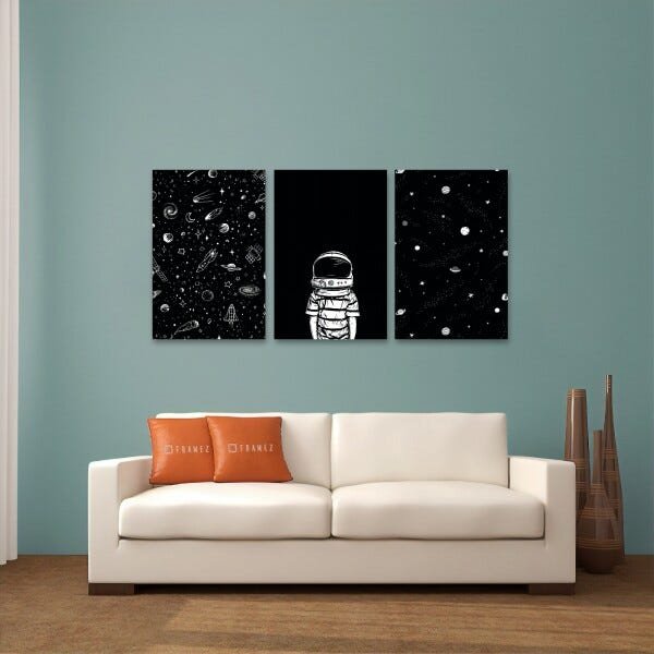 Kit 3 Quadros Decorativos para Quarto Universo Astronauto Planetas Artístico 60x120