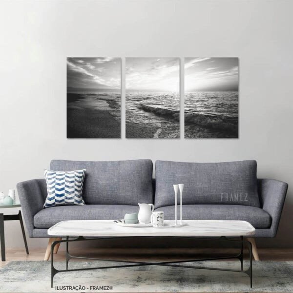 Quadro decorativo Praia Mar Areia Entardecer em Preto e Branco Para Sala Quarto em Tecido Canvas - 4