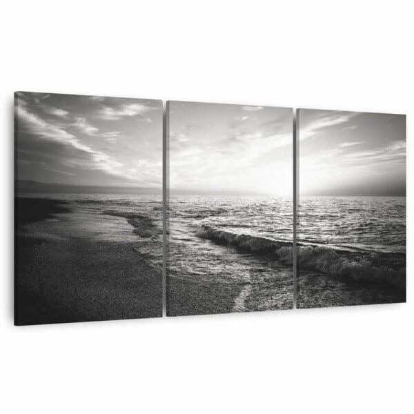 Quadro decorativo Praia Mar Areia Entardecer em Preto e Branco Para Sala Quarto em Tecido Canvas