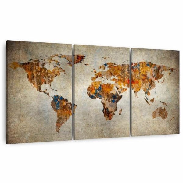 Quadro Mapa Mundi decorativo Para Sala Escritórios Rústico em Canvas 3 Peças Framez - 1