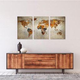 Quadro Mapa Mundi Decorativo para Sala Escritórios Rústico em Canvas 3 Peças Framez - 3