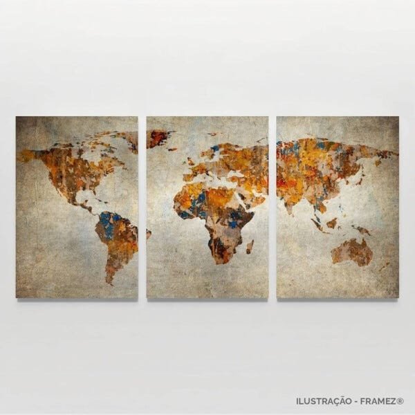 Quadro Mapa Mundi decorativo Para Sala Escritórios Rústico em Canvas 3 Peças Framez - 2